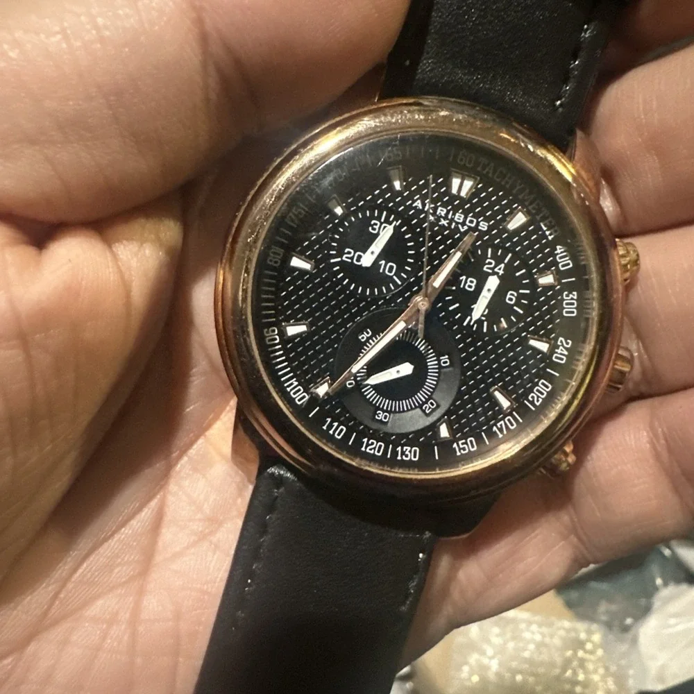 Working Akribos XXIV Chronograph Mens Watch Ak443RG Rose Gold Quartz 43MM Black